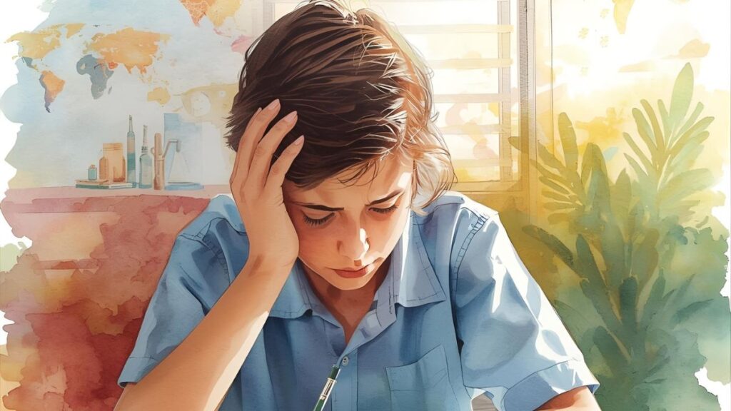 ICSE student in school uniform preparing for biology exam, showing stress and concentration with study materials on the desk.