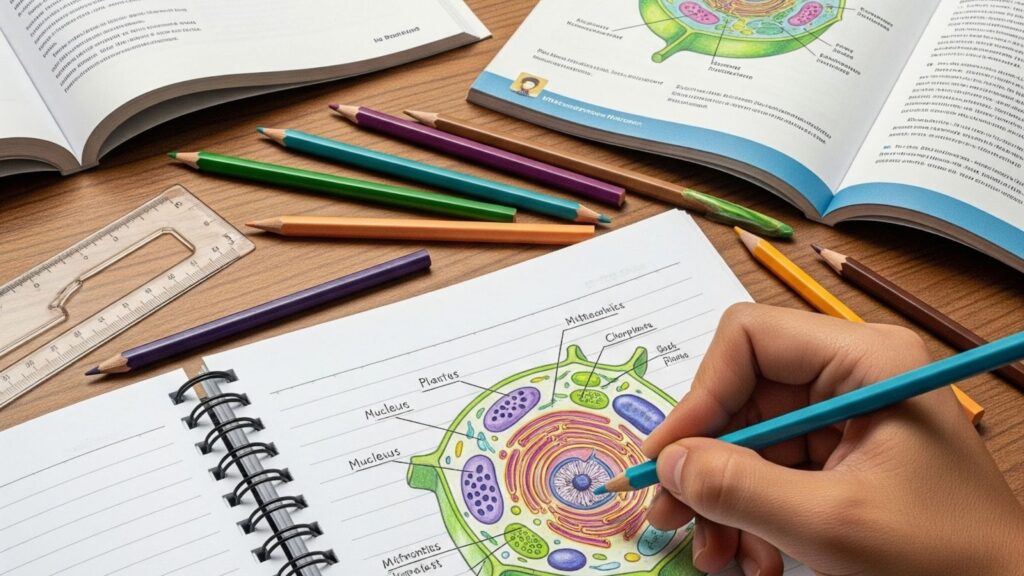  A student's hand drawing a biology diagram in a notebook.