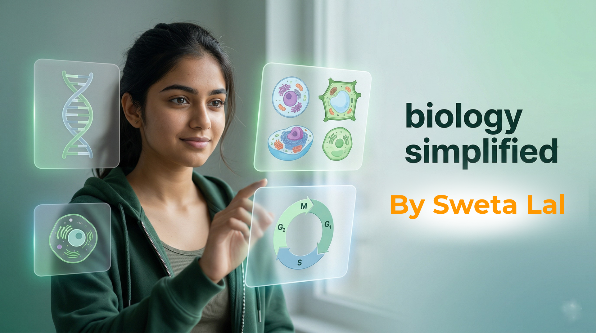 “Confident female student interacting with digital biology interface showing DNA and cell diagrams, representing simplified online biology learning platform.”